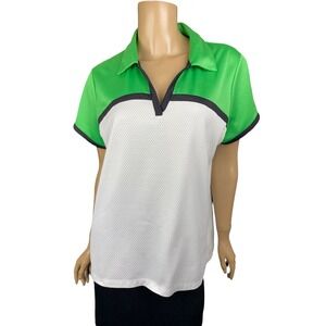 Izod Cool FX Top Size XL Short Sleeves White/Green Black Trim V-Neck Polyester